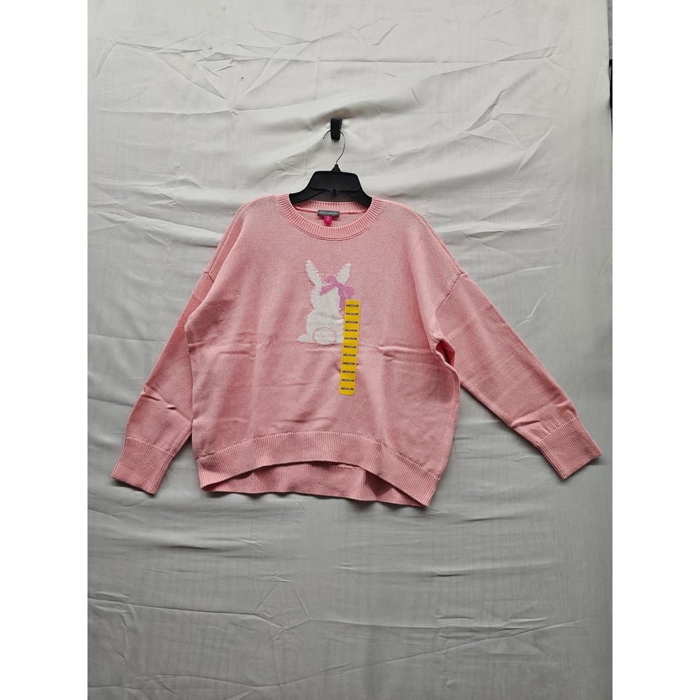 Vince Camuto Womens Pink Bunny Intarsia‎ Cotton Knit Sweater Medium 7226201